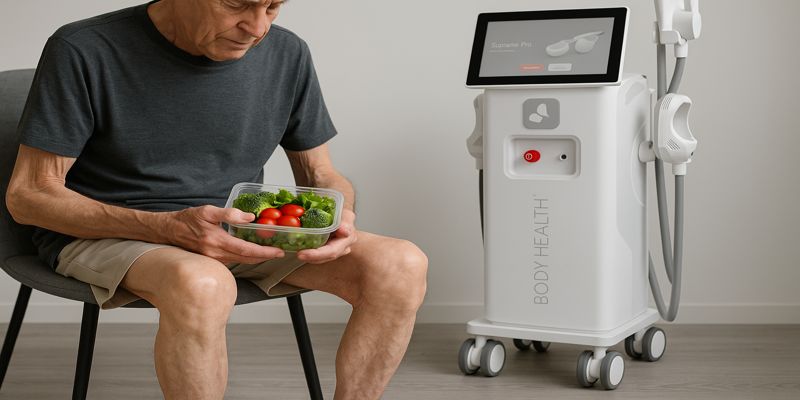 Idoso sentado com alimentos saudáveis em mãos, aguardando para realizar tratamento com o Supreme Pro.